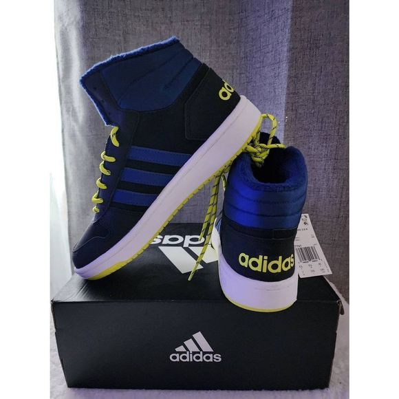 Adidas Hoops 2.0 K #GZ7797 Sneaker Nwt Black Blue Strip Neon Yellow